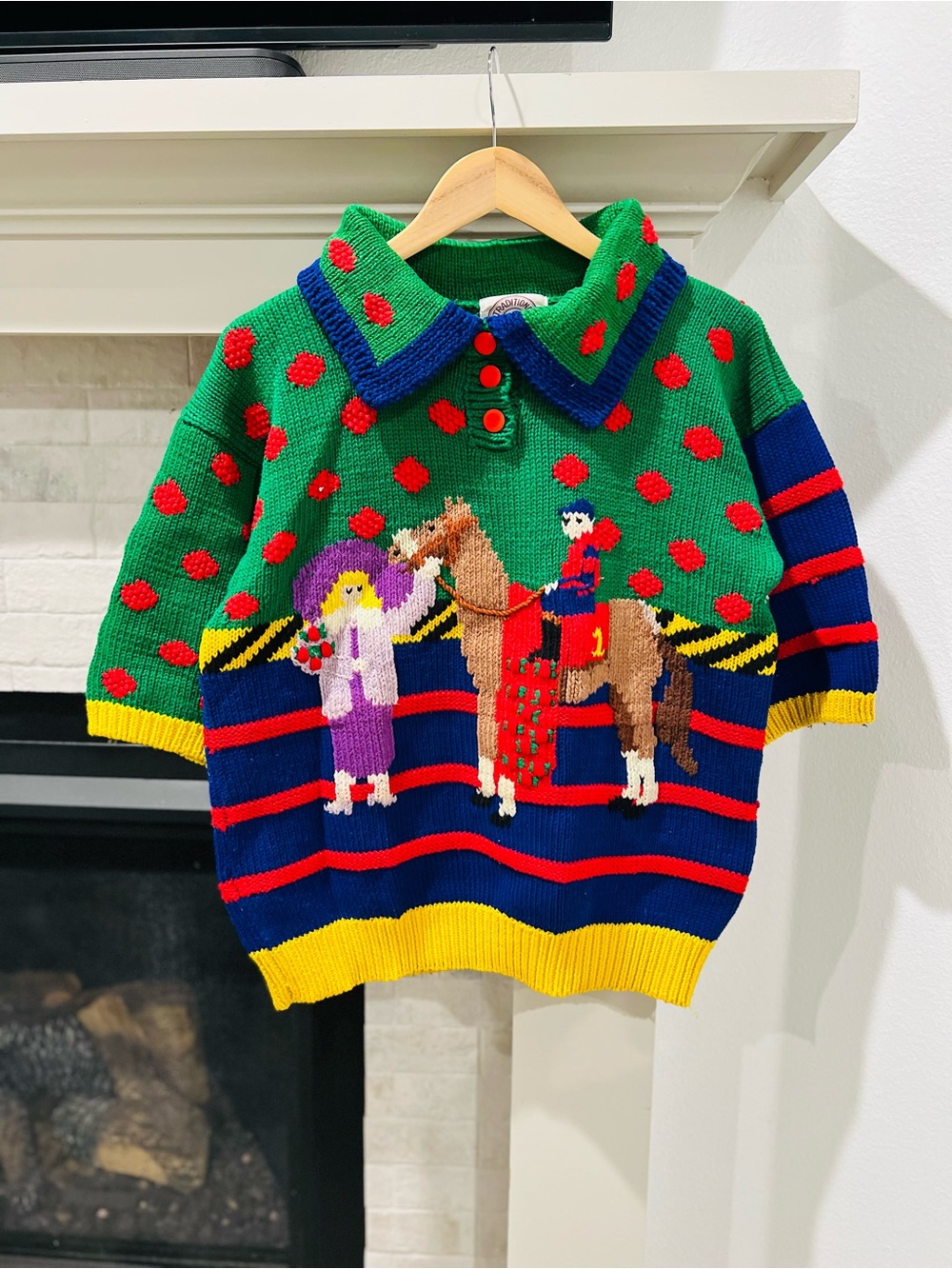 Vintage 80s Colorful Novelty Knit Horse Jockey Love Story Collared Polo